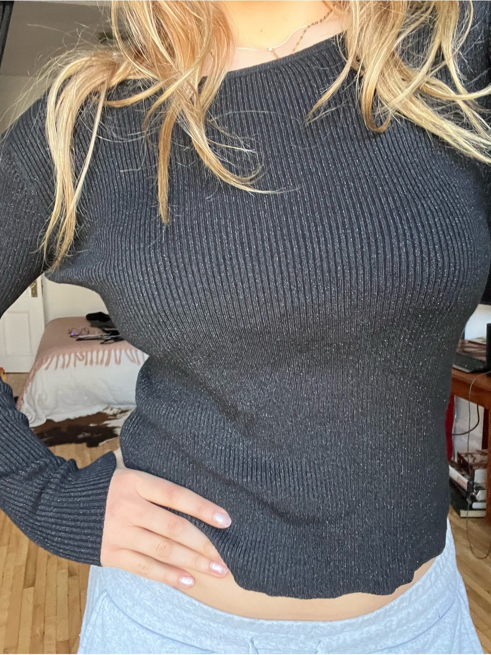 Ribbed Black Sparkly Sweater - Slim Fit Everyday Knit